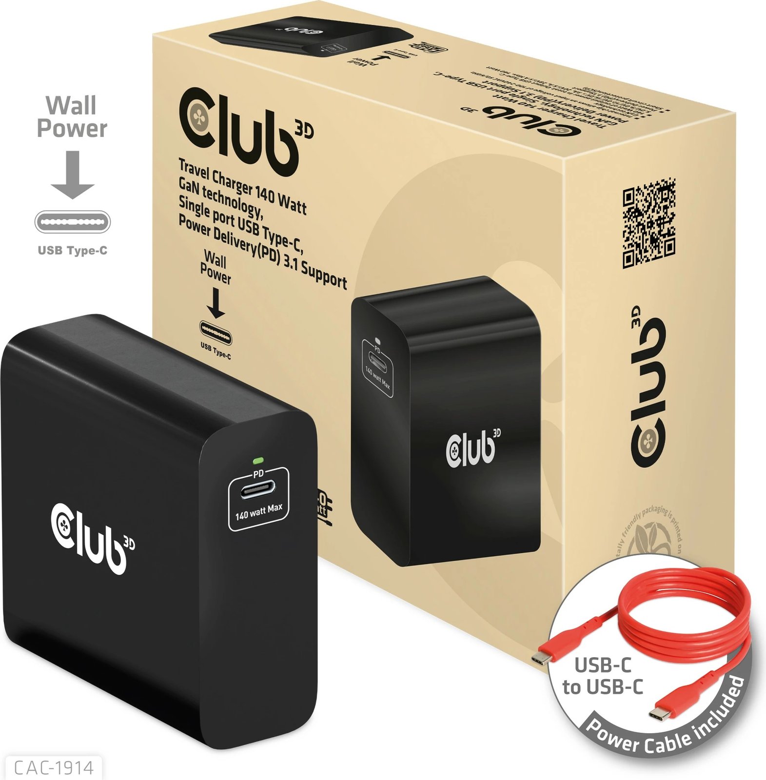 Karikues Club3D 140W, GaN, USB-C, me kabllo USB-C, i zi