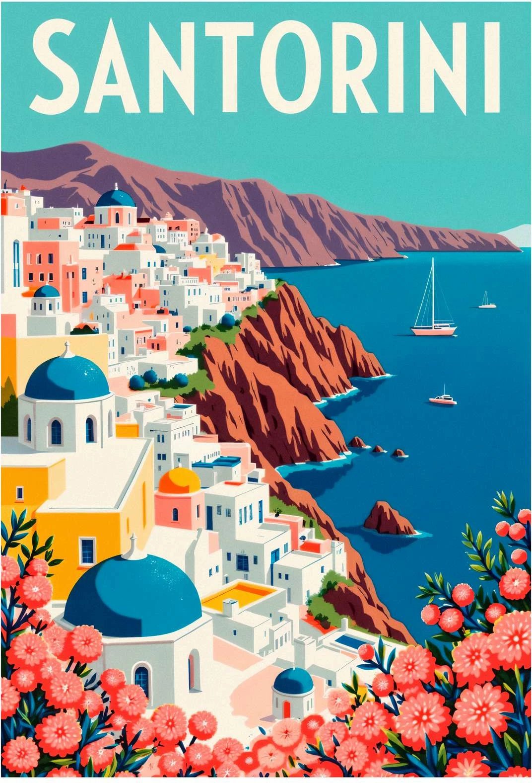 Pikturë dekorative me kornizë MDF, Santorini, shumëngjyrëshe, 50x70cm
