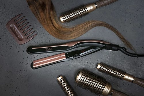 drejtues flokësh infrared, Adler AD 2318, pllaka qeramike 11x3 cm, rregullim temperature 150-230°C, 35W (max 120W), e zezë/rozë e artë