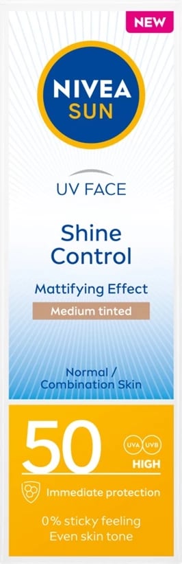 Krem fytyre matifikues Nivea Sun UV Face Shine Control për femra, SPF50, medium tinted, 50ml