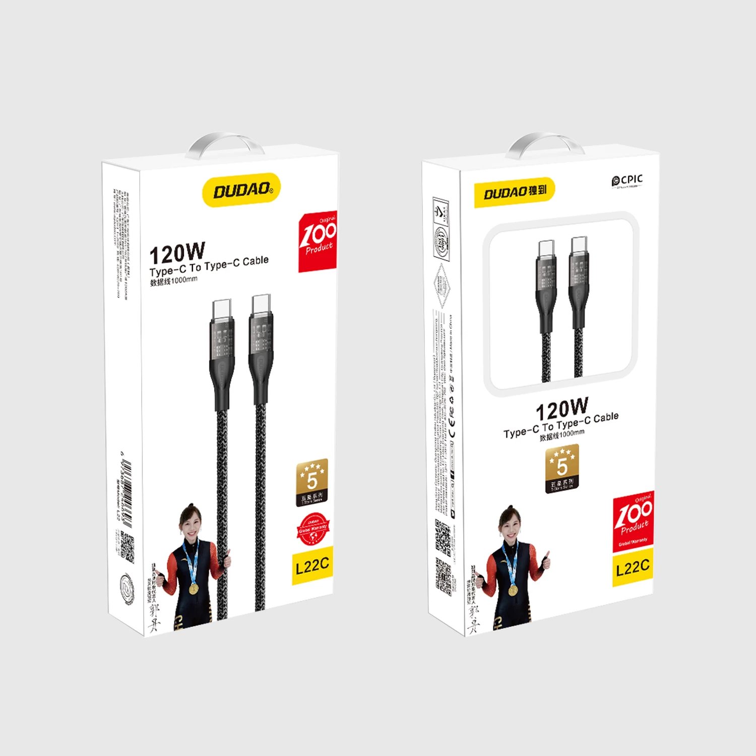 Kabllo USB-C–USB-C, Dudao, L22C, 120W 1 m karikim i shpejtë, gri