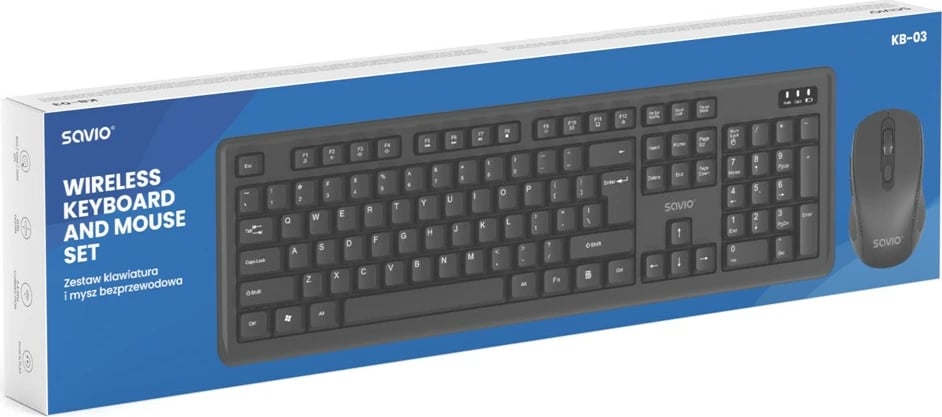 Komplet tastierë dhe maus pa tela, Savio, KB-03, 2.4 GHz USB receiver, layout US 104 taste, DPI 800-1200, e zezë