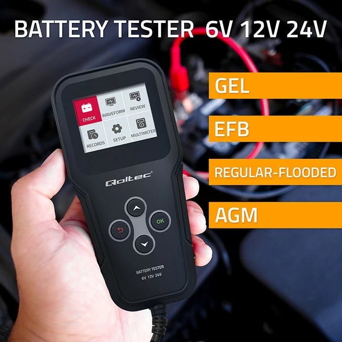 Tester baterie Qoltec 3-në-1, model 52489, LCD, 6V/12V/24V, i zi, me etui