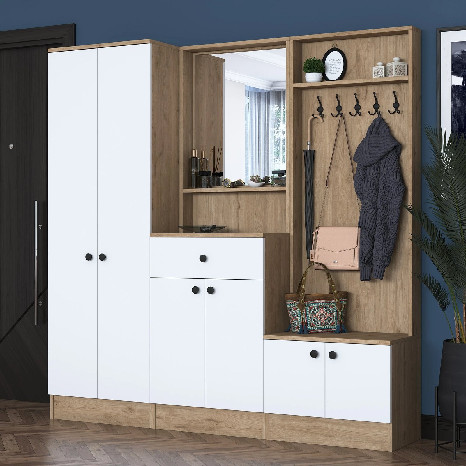 Stendë korridori Hanah Home, P6 - M3 - 2490, ngjyrë e bardhë dhe arre, 179.4x182.8x37.5 cm