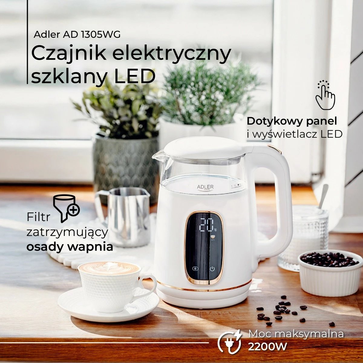 Ibrik elektrik Adler AD 1305WG, 1.7L, me ekran LED, rregullim temperature, Bardhë