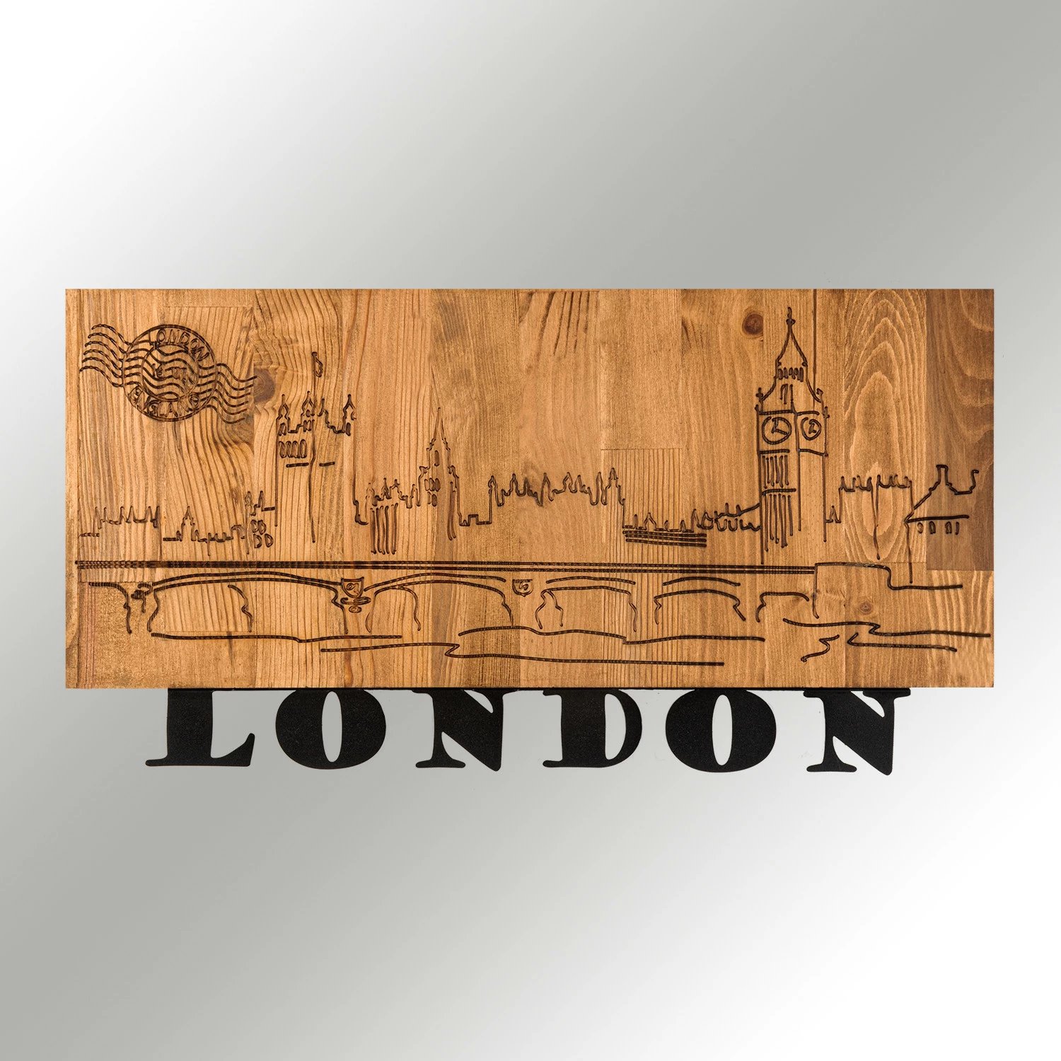 Aksesor dekorativ për mur, dru dhe metal, Wallity, London v2, ngjyrë e zezë dhe arre, 58x30cm