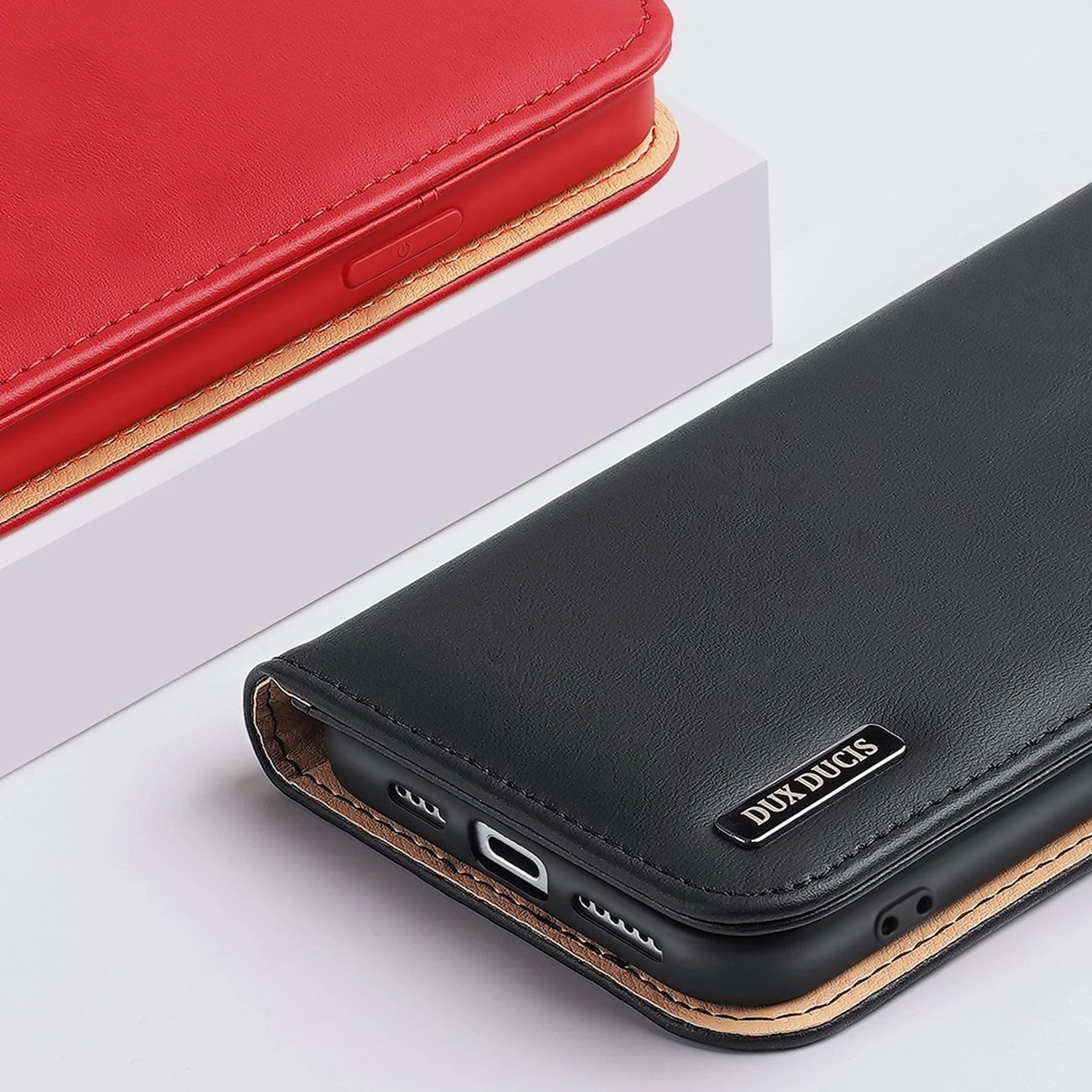 Mbështjellës Dux Ducis Hivo për iPhone 14 Plus, lëkurë natyrale, me xhepa dhe mbrojtje RFID, Kuq