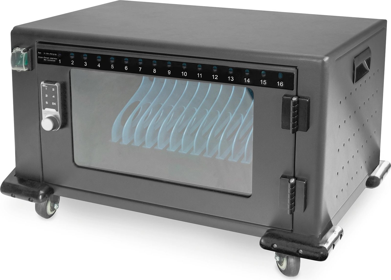 Kasë karikimi Digitus për 16 tabletë deri 14 inç, USB-A, me rrota, e zezë