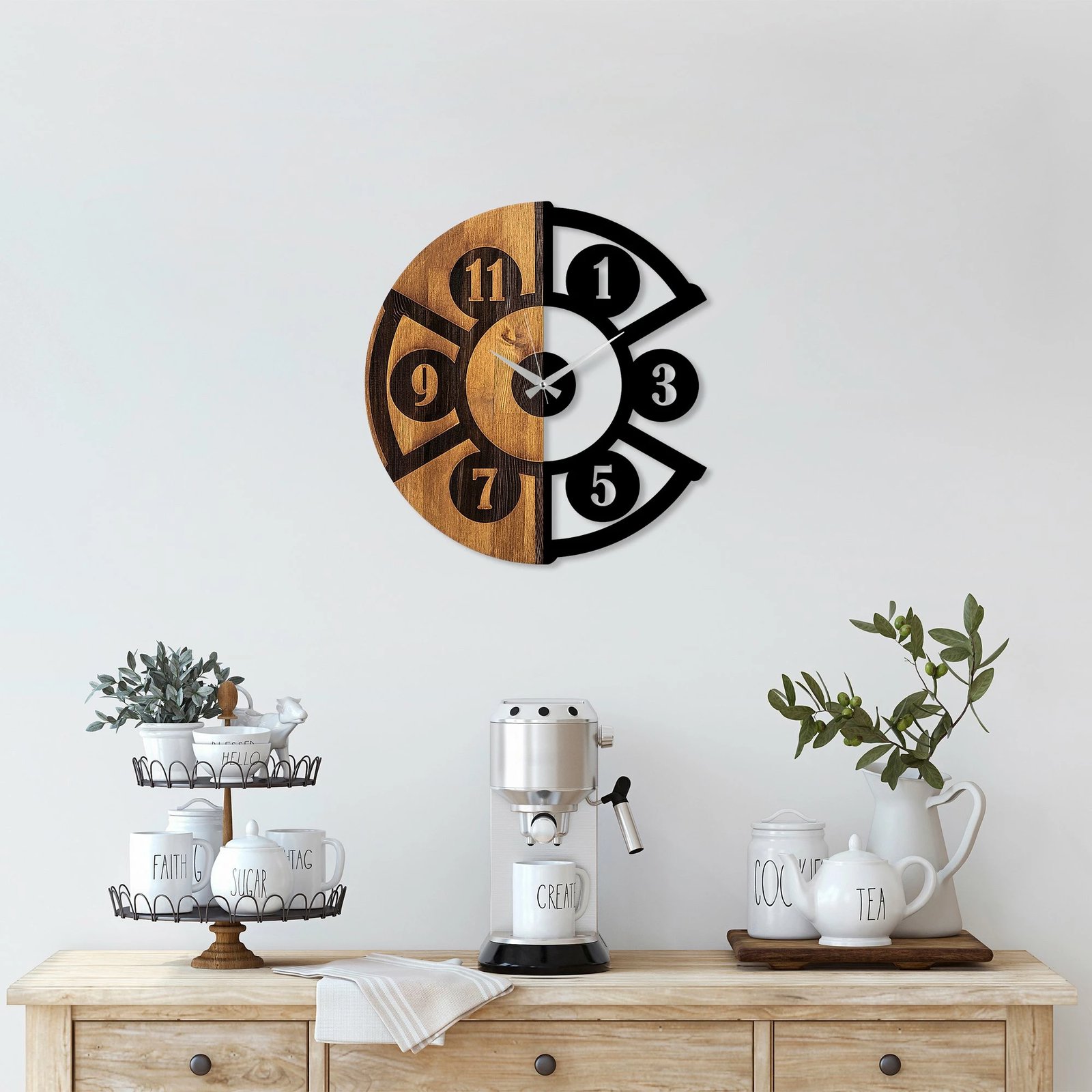 Orë muri dekorative prej druri, Wallity, formë pice, ngjyrë arre/zezë, 56x3x56cm