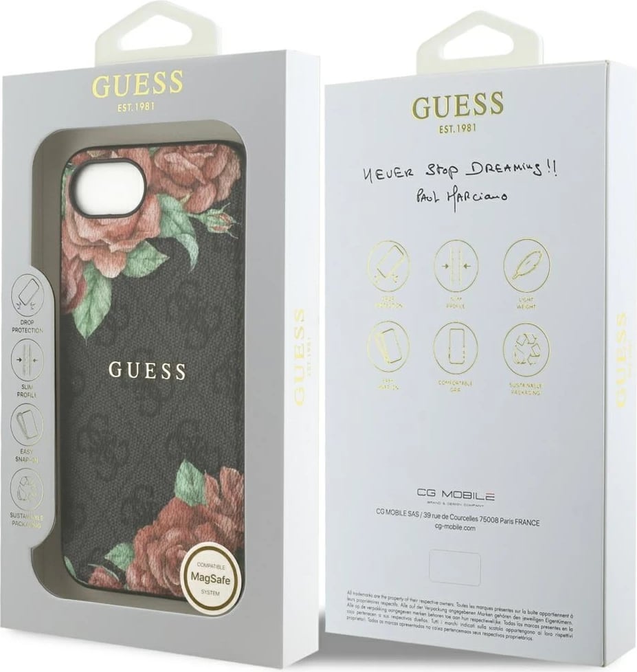Mbështjellës Guess 4G Flowers Print MagSafe për iPhone 16e, i zi Mbështjellës Guess 4G Flowers Print MagSafe për iPhone 16e, i zi