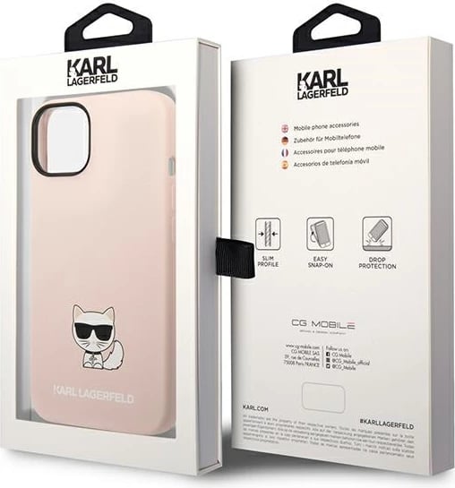 Mbështjellës Karl Lagerfeld KLHCP14SSLCTPI për iPhone 14, 6.1", silikon, rozë e çelur Choupette