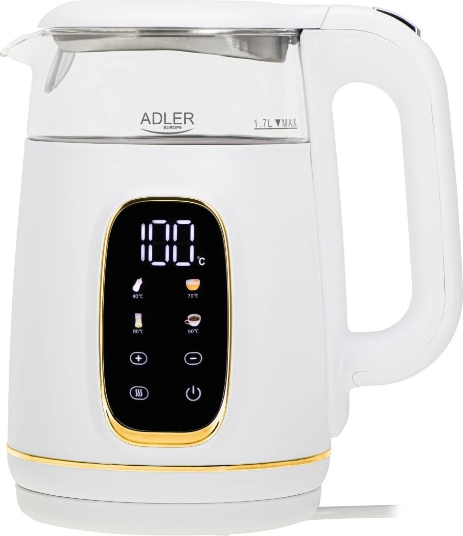 Ibrik elektrik Adler AD 1305WG, 1.7L, me ekran LED, rregullim temperature, Bardhë