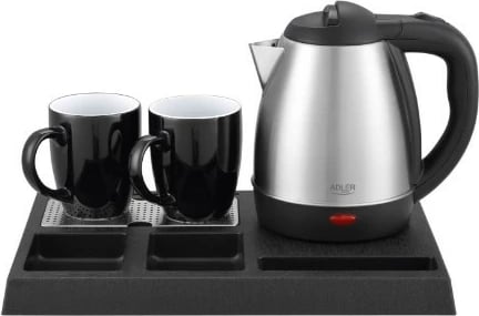 Set mirëseardhje me çajnik elektrik Adler AD 1354 1.2 L 1500 W inoks zi/çelik, set me tabaka dhe 2 filxhanë