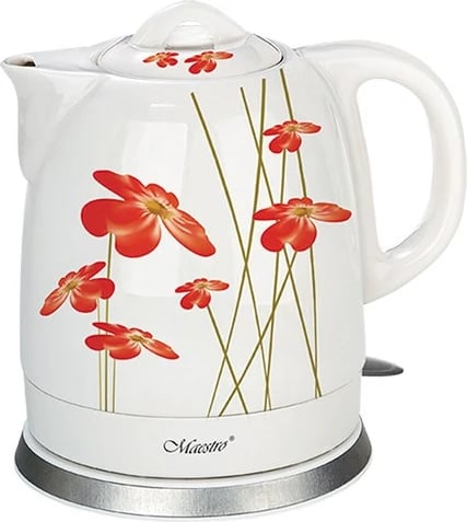 Ibrik elektrik Maestro MR-066-RED FLOWERS, 1.5 L, 1200 W, i bardhë me lule të kuqe