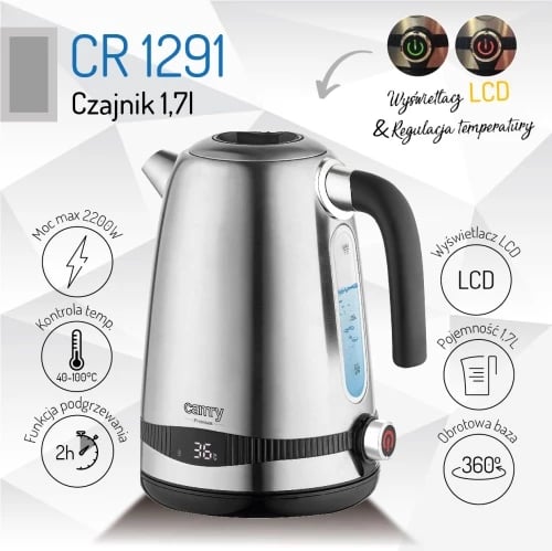 Çajnik elektrik, Camry, CR1291, 1.7L, ekran LCD dhe rregullim temperature 40-100°C, funksion Keep Warm 2h, 1850-2200W, inox