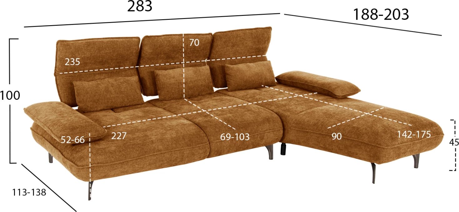 Divan-krevat qoshe (djathtas), pëlhurë e kuqe tullë, FH3268.02R, 283x188x100H cm