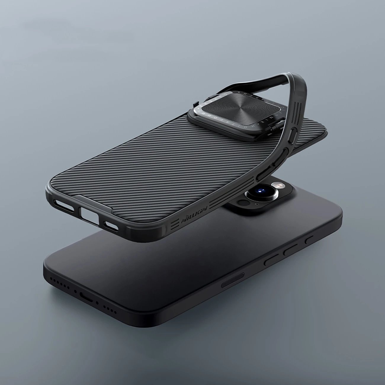 Mbështjellës Nillkin CamShield Prop Case për iPhone 16 Pro Max, me kapak kamere dhe mbajtëse, i zi