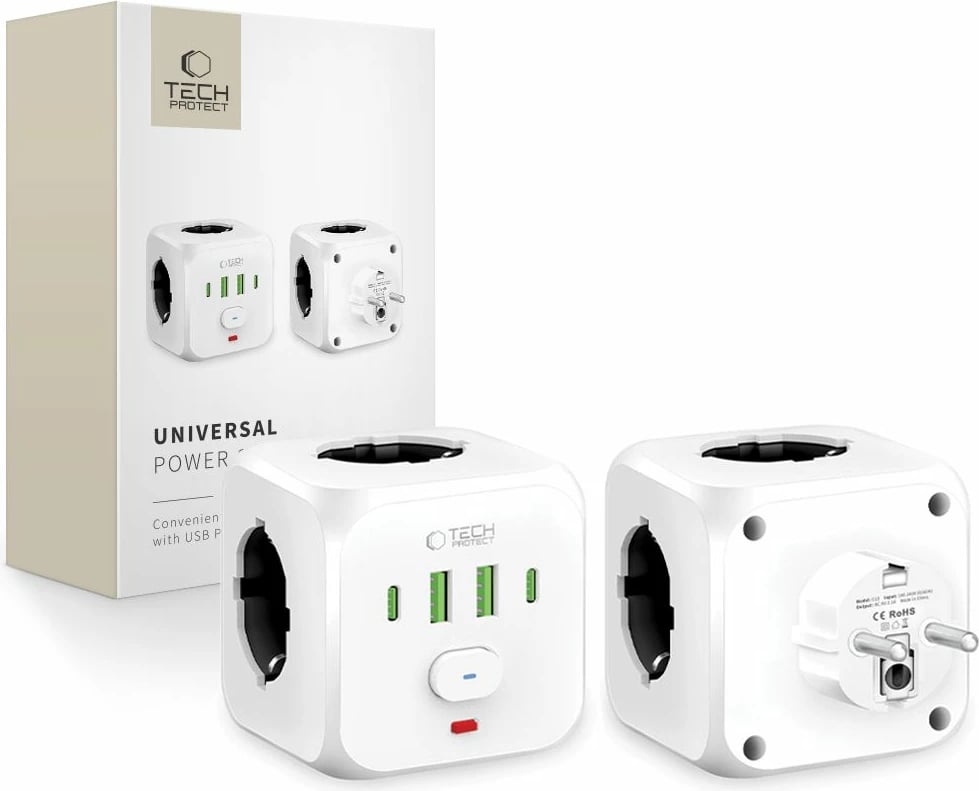 Prizë Tech-Protect PCL3X4 me 3 dalje Schuko, 2x USB-A, 2x USB-C, e bardhë