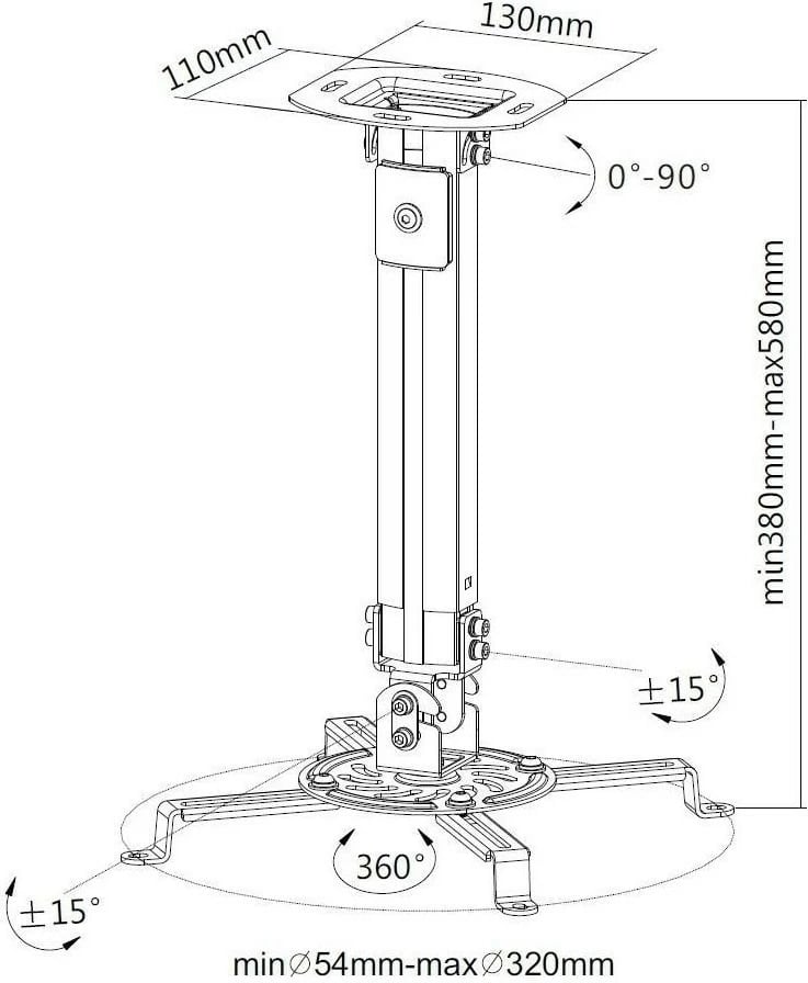 Krah tavani për projektor Techly 309654, 38-58cm, 13.5kg, Argjend