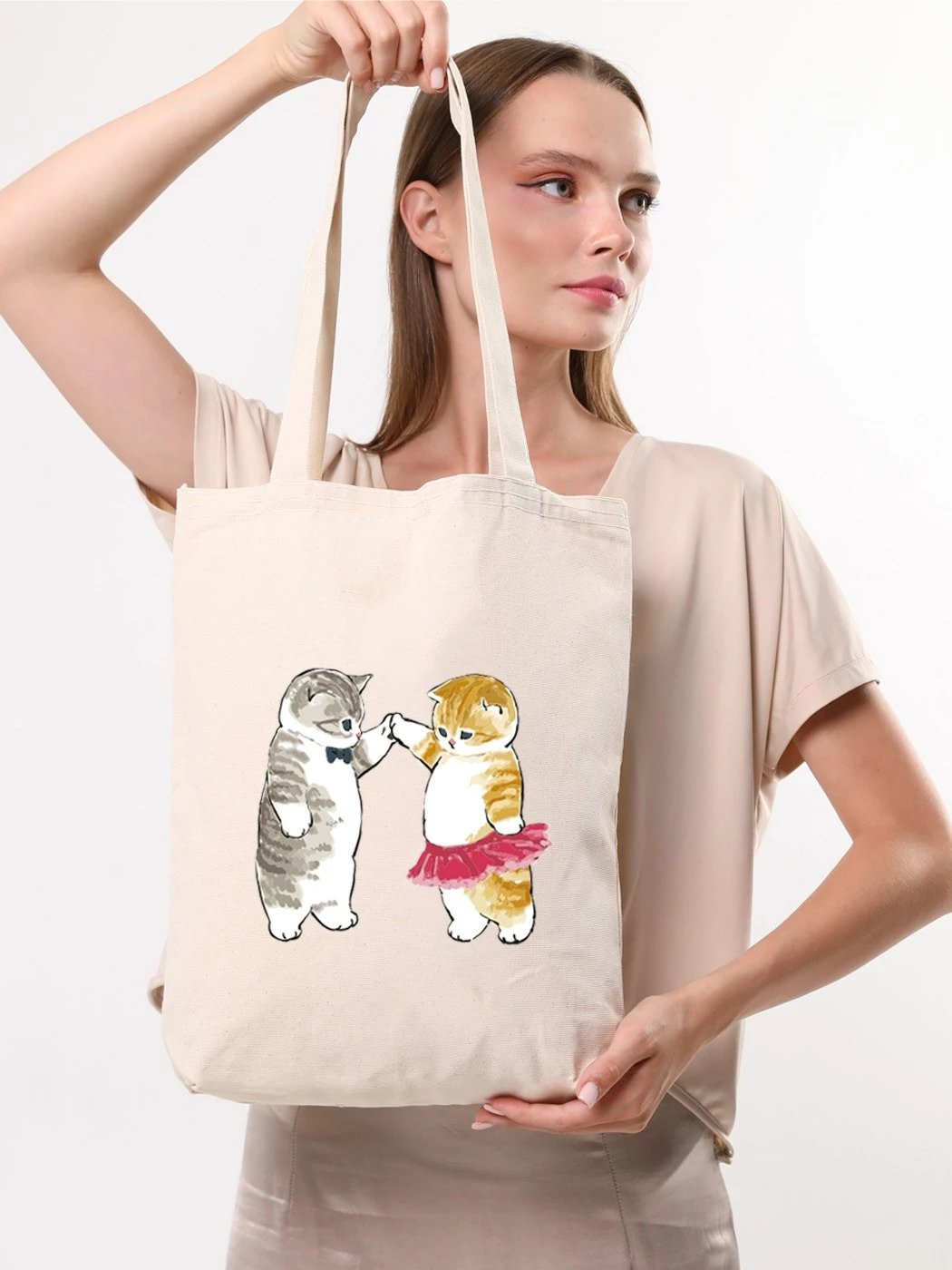 Torbë tote Zoozie Bags, krem, 35x40x8cm, me mace të vizatuara