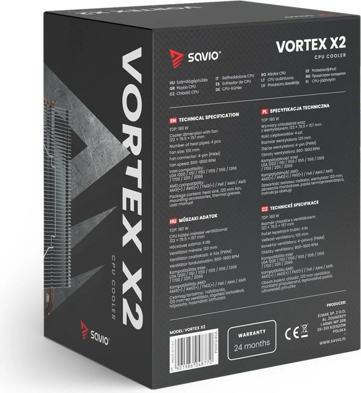 Kasë ftohëse procesori Savio Vortex X2, 120 mm, 4 heatpipe, e zezë