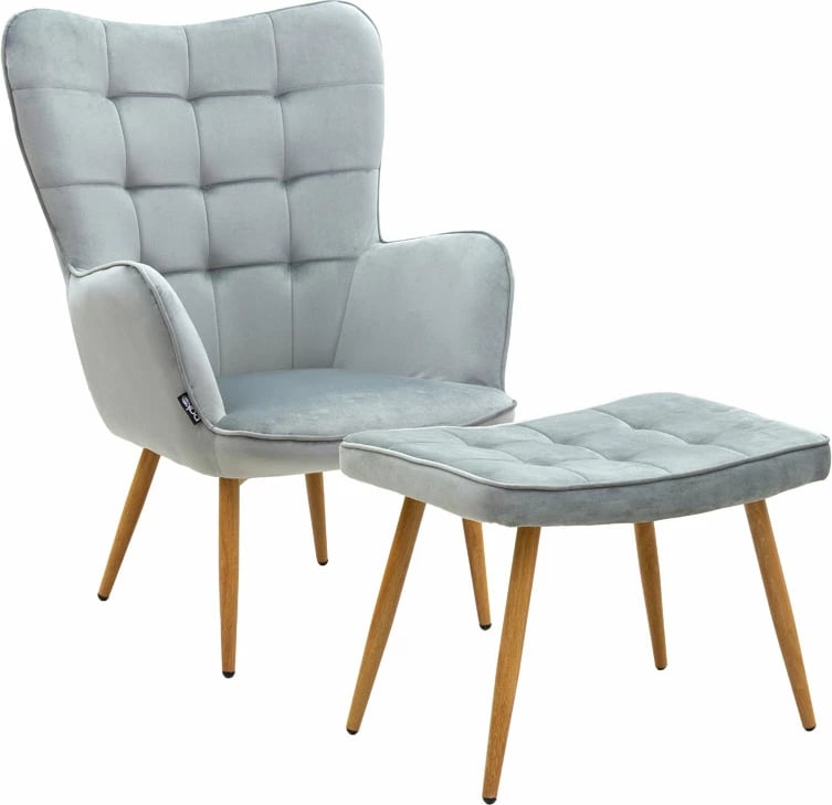 Fotel Maddison me stol këmbësh, kadife gri-natyrale, 68x72x98cm