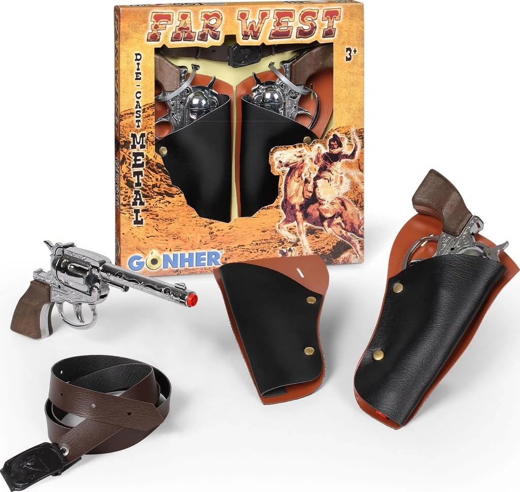 Set cowboy me 2 revolverë lodër Pulio Gonher me rrip, për djem, Ngjyrë e zezë/kafe/argjend