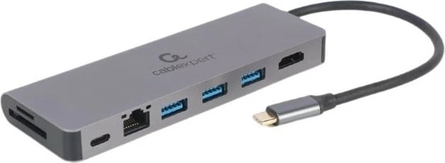 Kasë USB-C Gembird A-CM-COMBO5-05, 6 porte, HDMI, LAN, SD/microSD, Zezë/Argjendtë