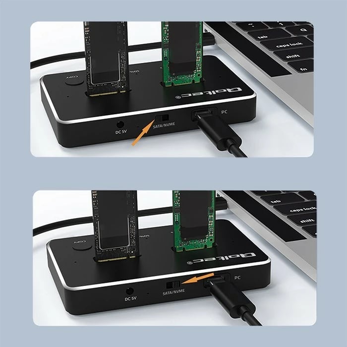 Stacion dokimi SSD M.2 Qoltec 52274, NVMe/SATA, USB-C, 2x2TB, i zi
