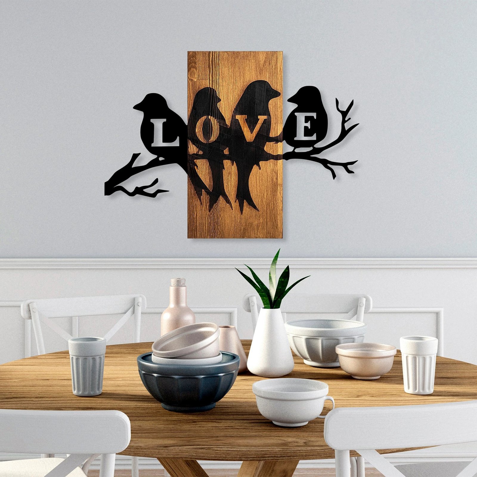 Aksesor dekorativ muri prej druri, zogj dashurie, ngjyrë arre dhe e zezë, 57x75cm