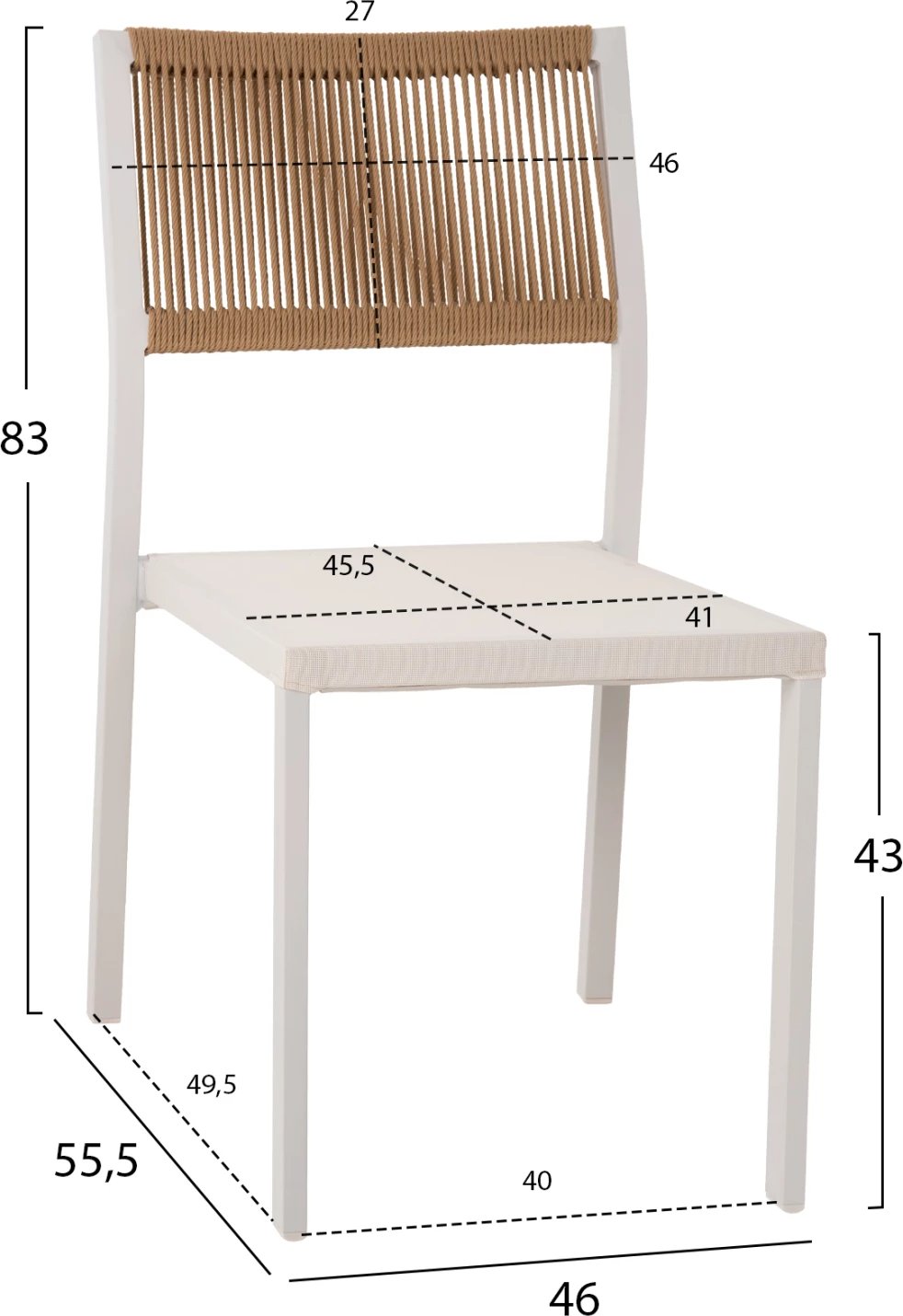Karrige alumini FH5921.02, kornizë e bardhë dhe tekstil me ratan sintetik bezhë, 46x55.5x83H cm