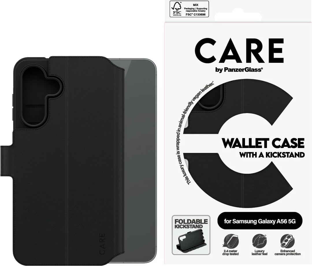 Mbështjellës PanzerGlass për Samsung Galaxy A56 5G, CARE Feature Wallet Case, i zi