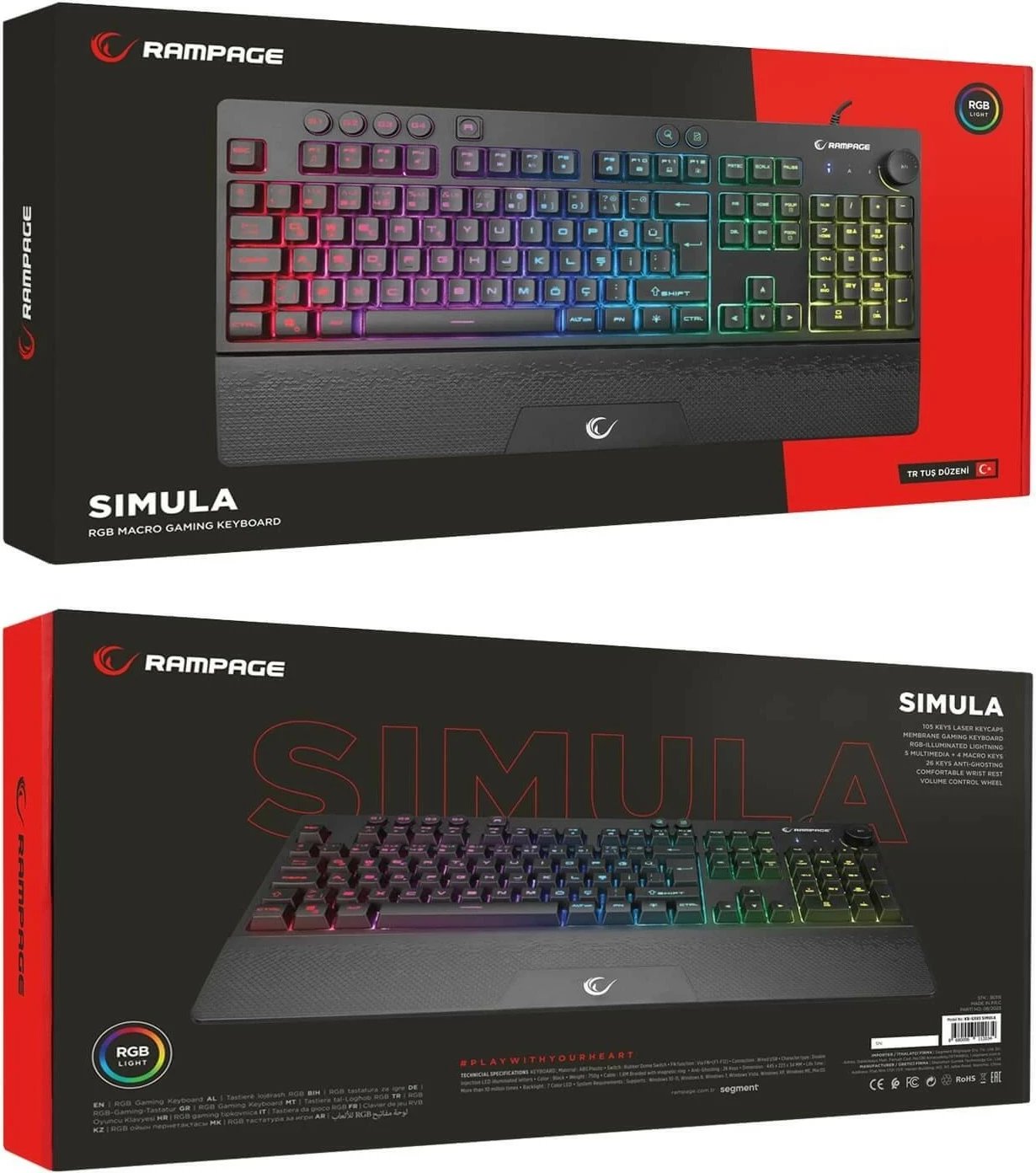 Tastierë gaming Rampage Simula RGB, full-size, me mbështetëse, e zezë