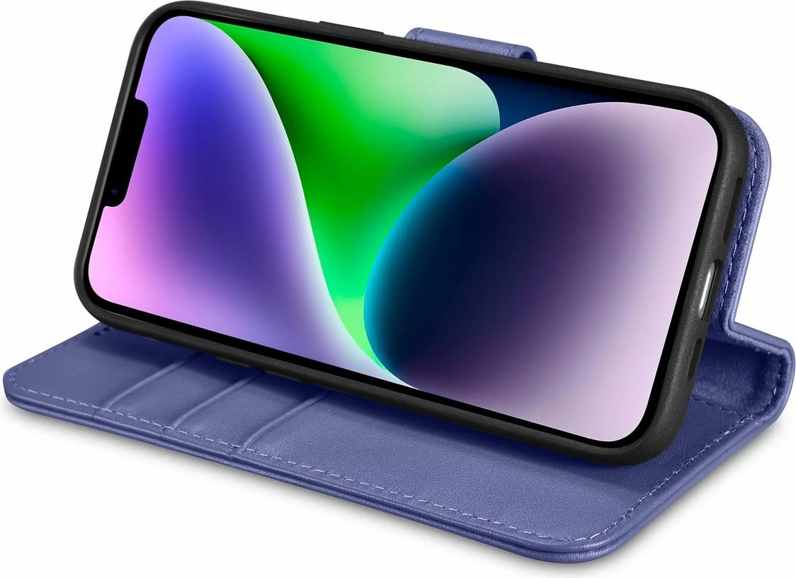 Mbështjellës iCarer Wallet Case 2in1 për iPhone 14, lëkurë natyrale, Anti-RFID, Vjollcë e çelët
