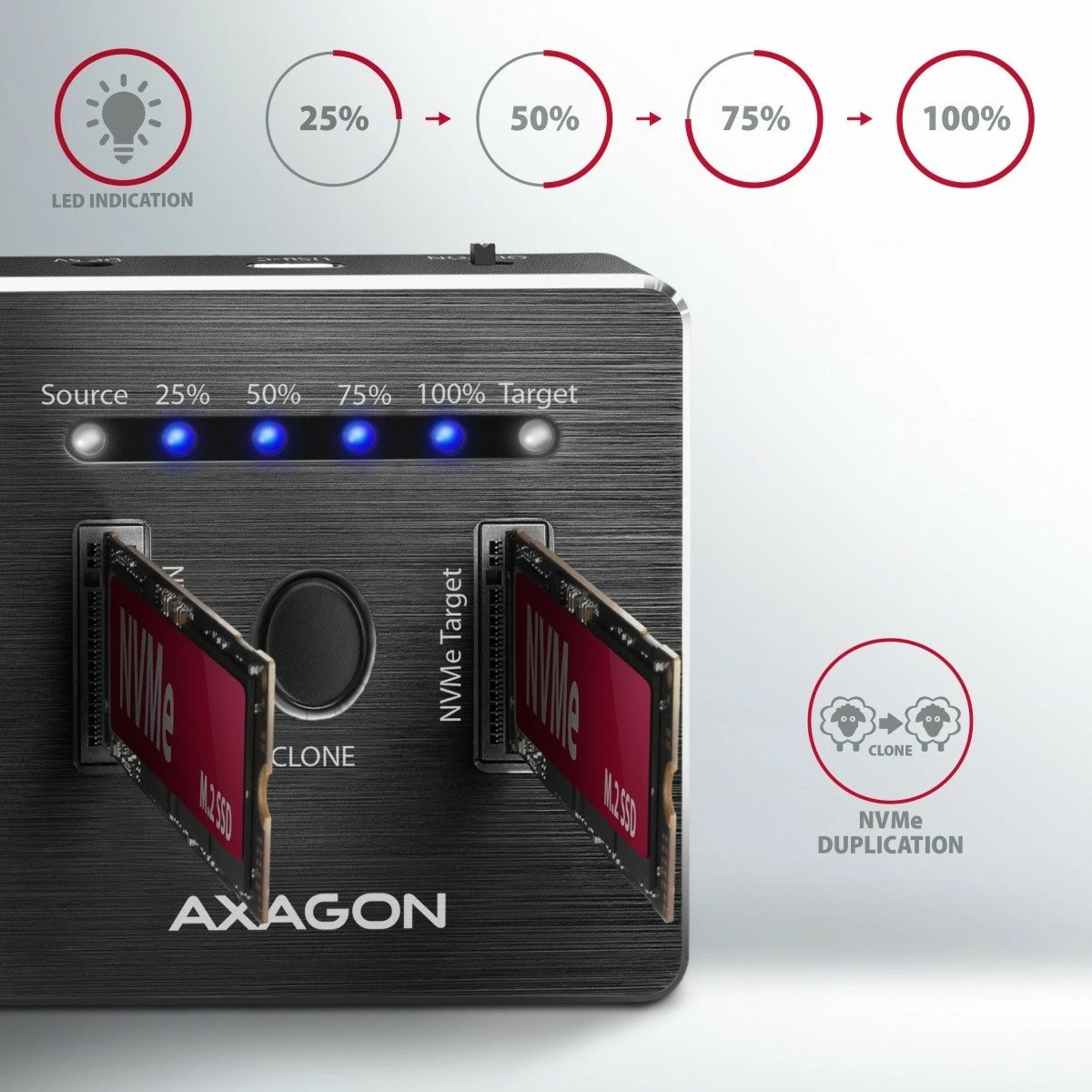 Stacion dokimi AXAGON ADSA-M2C, 2x NVMe M.2 SSD, USB-C 3.2 Gen 2, i zi