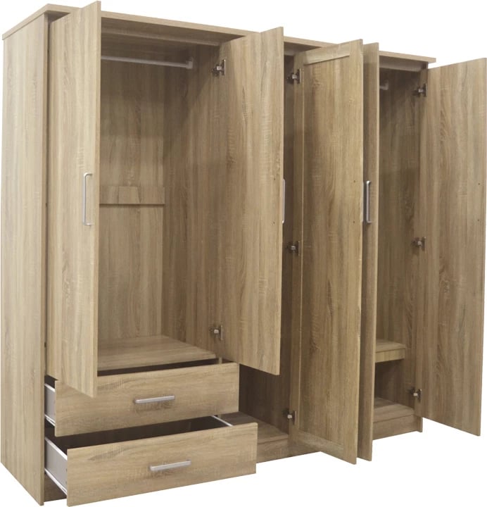 Dollap Olympus me 5 dyer dhe sirtarë+pasqyrë, ngjyrë lisi e çelët, 198x57x183