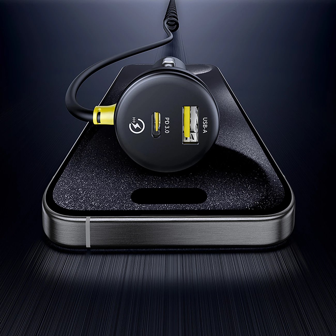 Karikues veture Baseus Circular, 60W, USB-A + USB-C, kabllo e integruar Lightning + USB-C 1.4m, e zezë