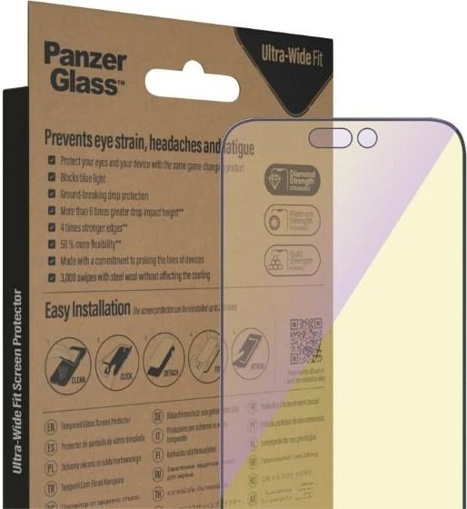 Xham mbrojtës PanzerGlass Ultra-Wide Fit me filtër dritë blu dhe aplikator për iPhone 14 Pro Max