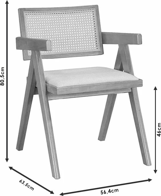 Karrige me krahë Winslow, dru rubberwood i zi, ratan PVC natyral, material gri, set prej 2 copë