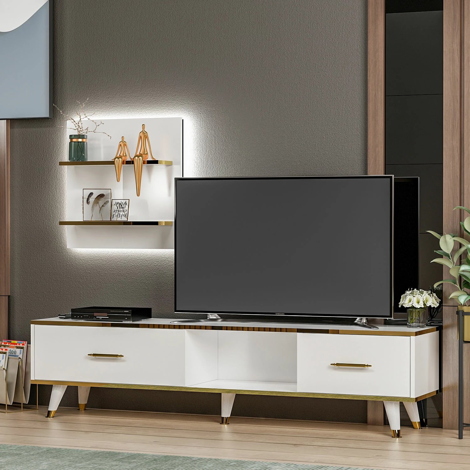 Komodë TV Hanah Home, Aren, e bardhë dhe ari, moderne Komodë TV Hanah Home, Aren, e bardhë dhe ari, moderne