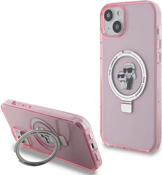Mbështjellës Karl Lagerfeld Ring Stand Karl&Choupette MagSafe për iPhone 15 Plus, rozë