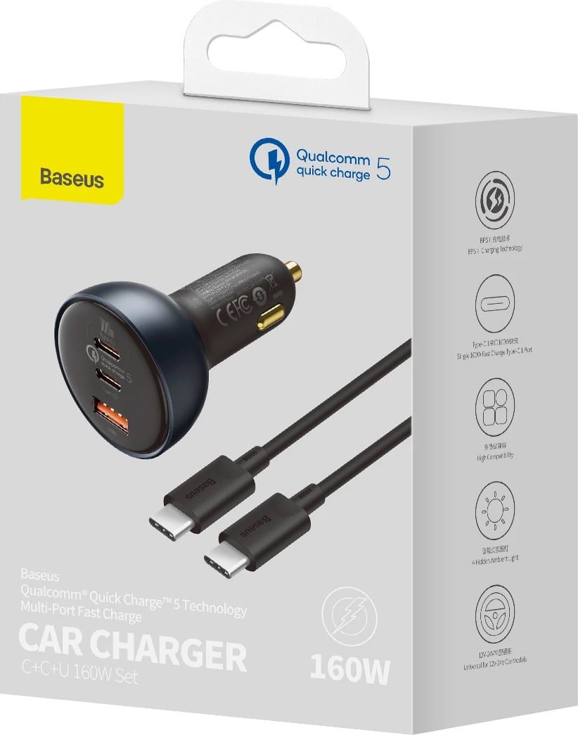 Karikues veture Baseus TZCCZM-0G, 160W, 3 porta (USB-A/2x USB-C), QC 5/PD/PPS, i zi