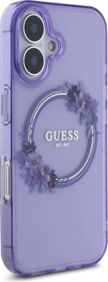 Mbështjellës Guess IML Flowers Wreath MagSafe për iPhone 16, vjollcë Mbështjellës Guess IML Flowers Wreath MagSafe për iPhone 16, vjollcë