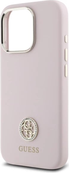 Mbështjellës Guess Silicone Logo Strass 4G për iPhone 16 Pro Max, rozë e çelët