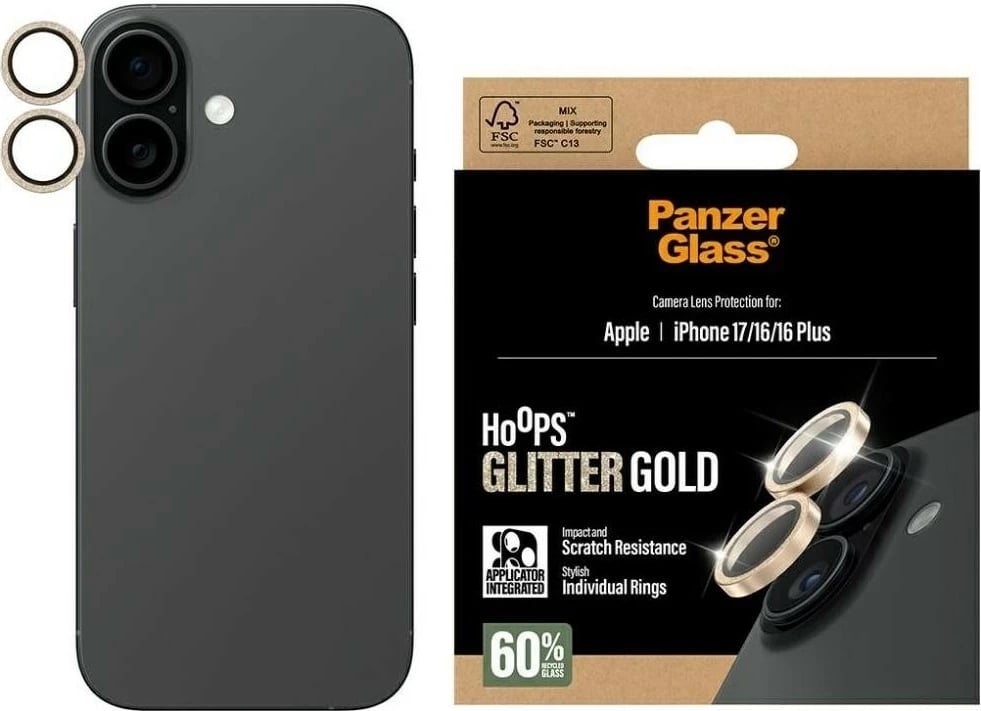 Mbështjellës PanzerGlass Hoops Glitter për kamerë, iPhone 16/16 Plus/17, ari