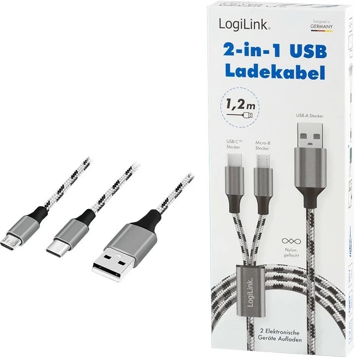 Kabllo 2-në-1 LogiLink CU0202, USB 2.0 A/M në Micro USB + USB-C, 1.2m, tekstil