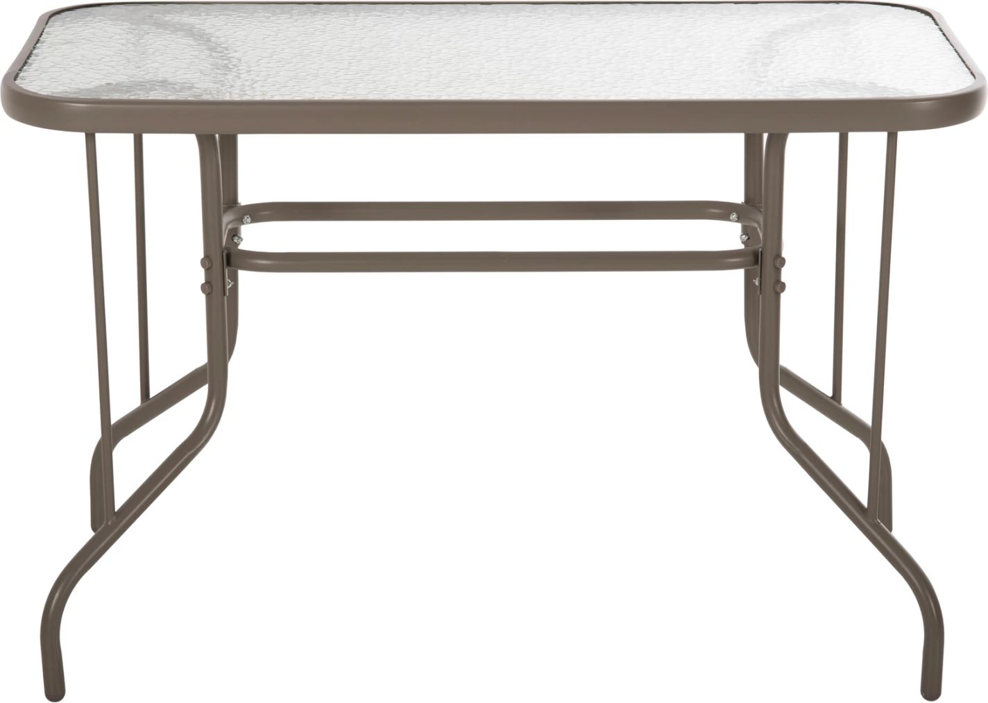 Tavolinë metalike për jashtë ADAM, ngjyrë shampanjë, me sipërfaqe xhami të forcuar, 110x60x71H cm