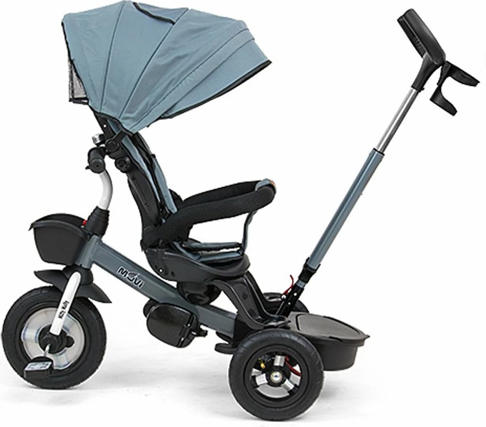 Tricikel për fëmijë Milly Mally Movi sedile 360°, rrota të fryra, dorezë prindi e rregullueshme, tendë palosëse, gri