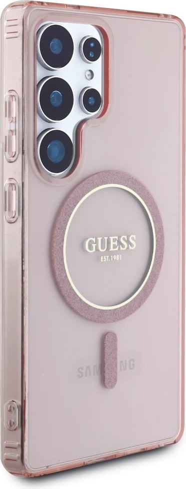 Mbështjellës, Guess, Glitter Circle Classic Logo MagSafe Case për Samsung Galaxy S25 Ultra, me MagSafe, rozë