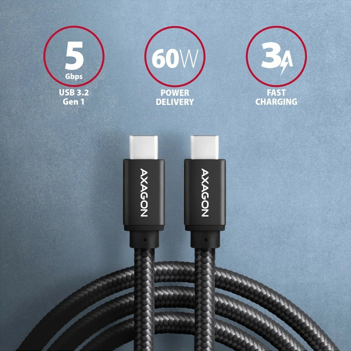 Kabllo USB-C në USB-C AXAGON BUCM3-CM20AB, 2m, 60W, e zezë